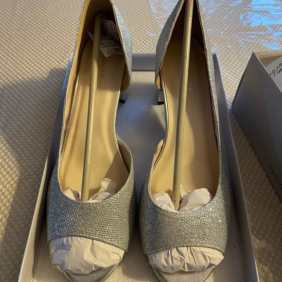 Benjamin Walk Womens Joy Silver Glitter Open Toe Slip On Pumps Shoes NWT - Picture 5 of 9